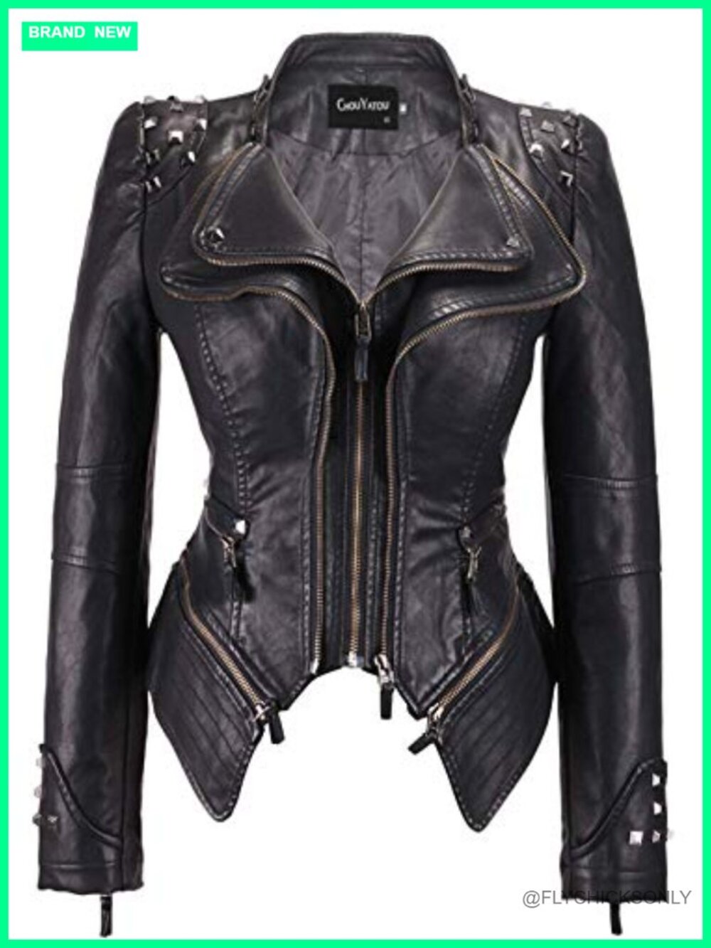 Women's Faux Leather Biker Jacket with Metal Rivets, Moto Style